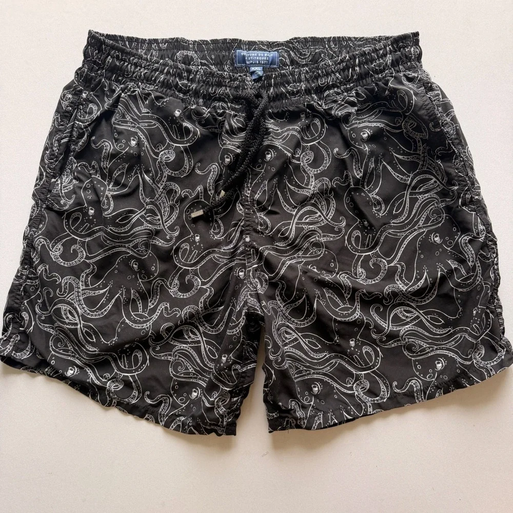 Vilebrequin Moorea Swim Trunks Mens XXL Black White Octopus Poulpes Short Luxury